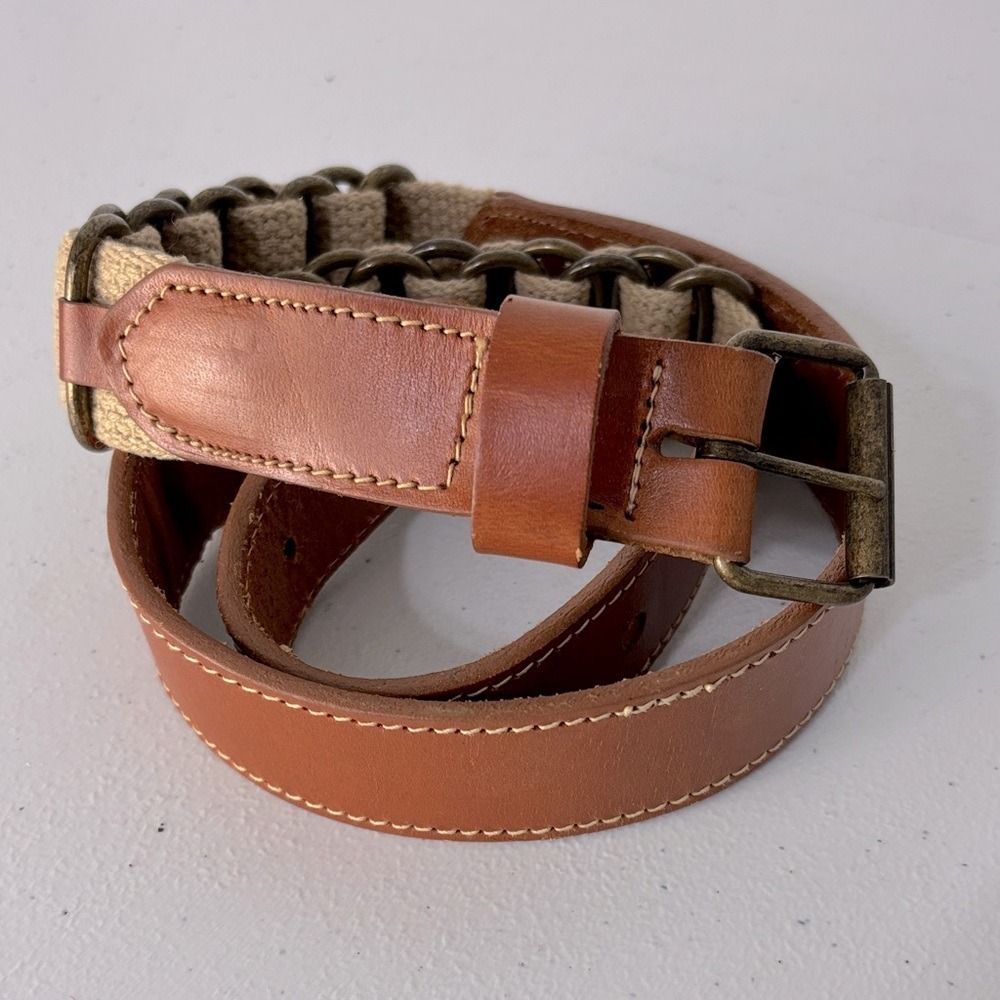 Vtg Womens 29 Leather Canvas Woven Belt Rustic Metal Accent Brown Tan Gorpcore